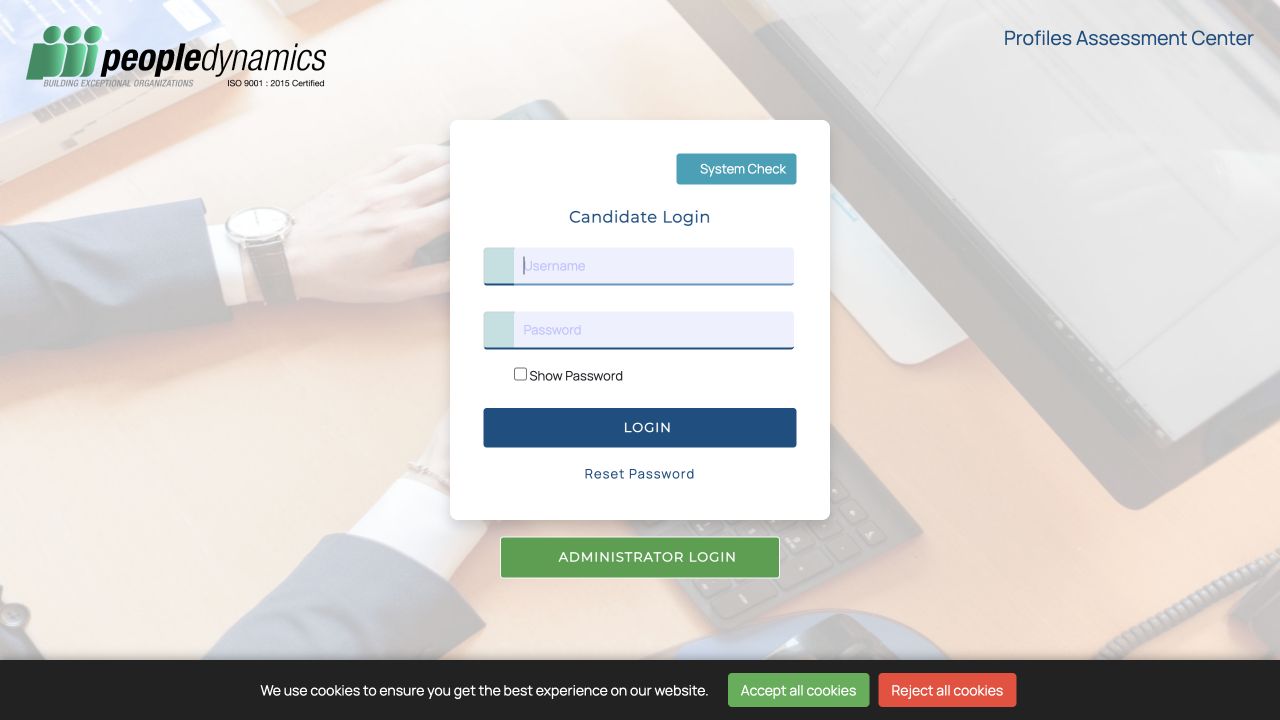 Profiles Assessment Center public candidate login screen